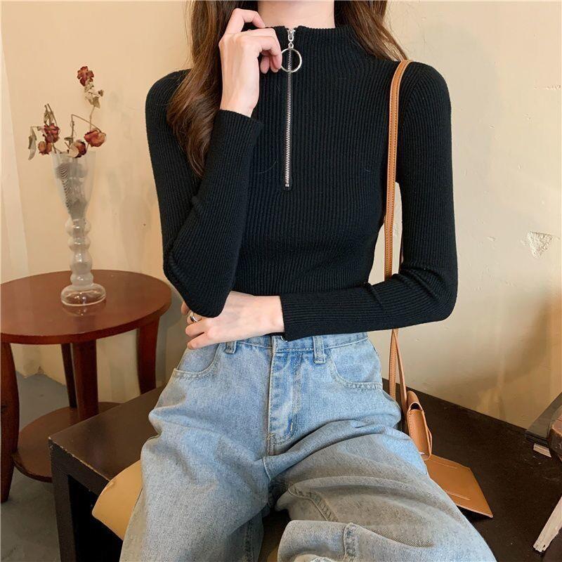 Women's Slim Fit High Neck Long Sleeve Solid Color T-Shirt, Korean Style, Plus Size, Autumn