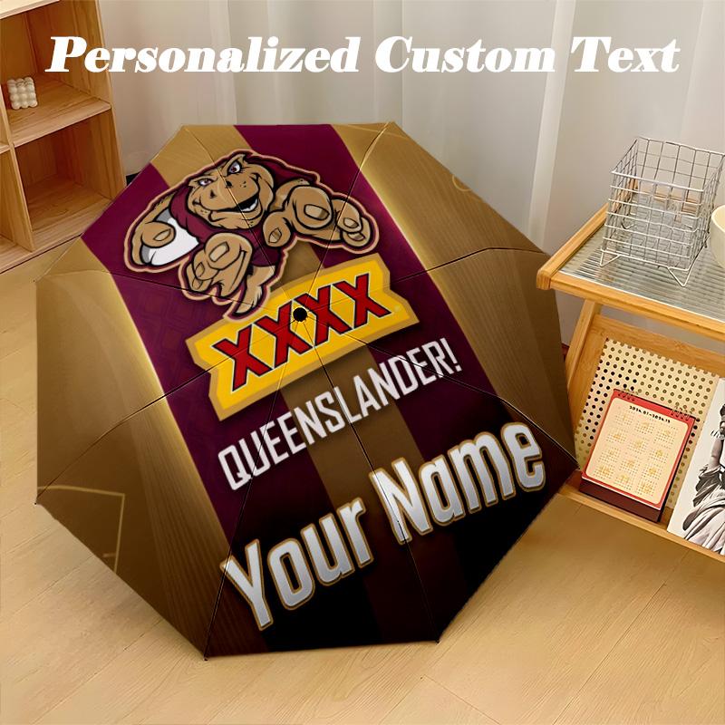 Queensland Maroons Automatic 8‑ribs Umbrella, Custom Name Text Personalized Folding Umbrella Rain Sun Gift