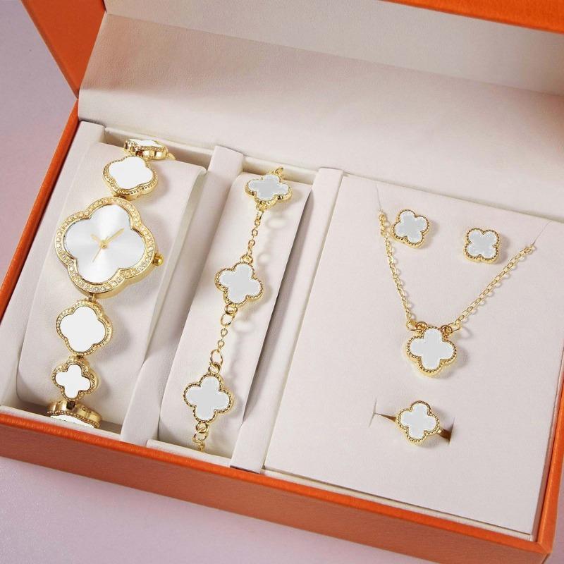 5PCS Clover Watch Bracelet Necklace Earring Gift Set Fashion Women's Watch Bracelet Women's Watch Quartz Watch, Includes Gift Box