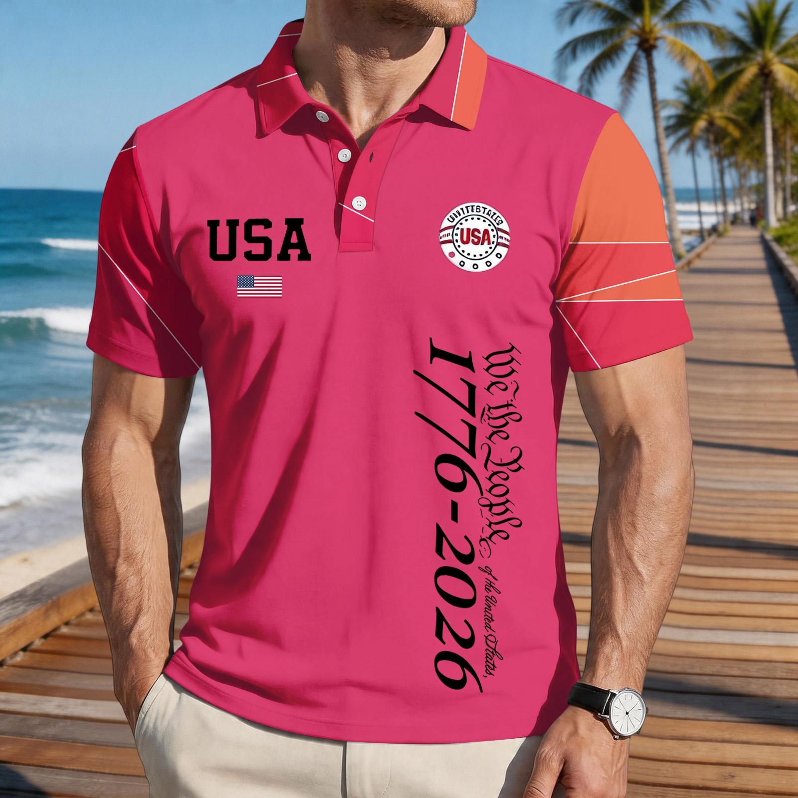 

Men Loose Fit Short Sleeve Polo Shirt with Flag Print Casual Digital Pattern Turn Down Collar Top Tee for Everyday Wear S