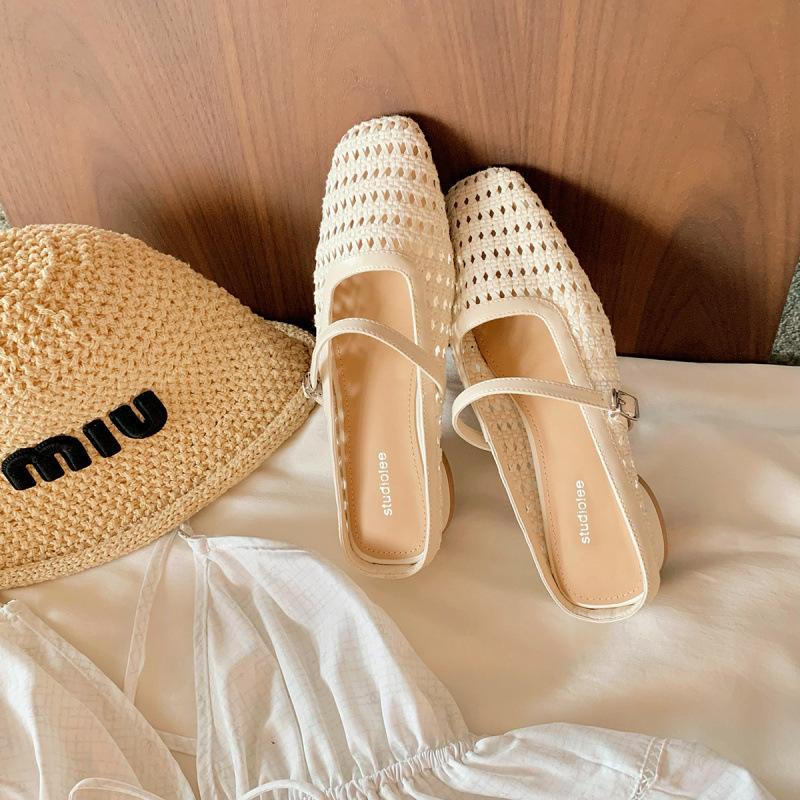 Baotou Slippers Women's Retro Woven Hollow Square Head Thick Heel Half Drag Empty Slippers