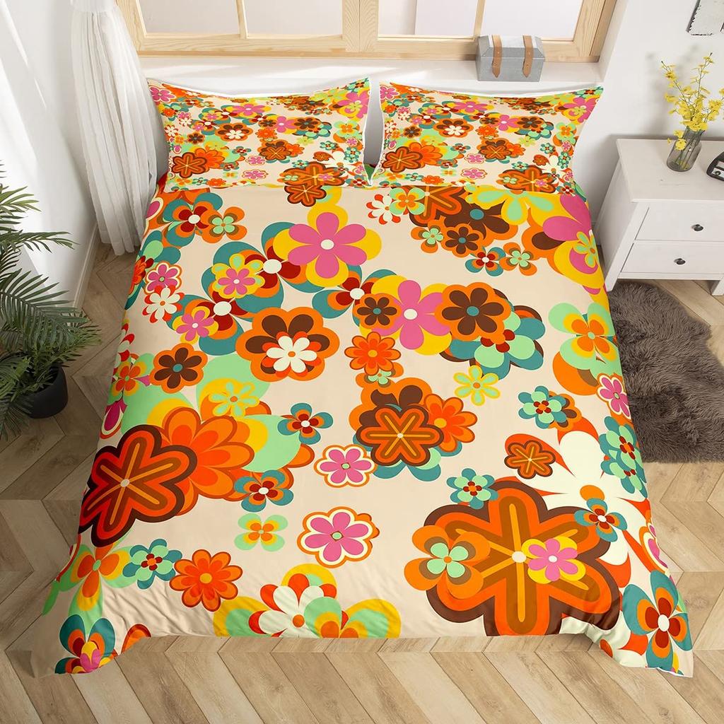 Vintage Blumen Bettbezug King Queen Retro Blumen Bettwäsche Set Boho Hippie Deckenbezug Groovy Blüte Polyester Steppdeckenbezug