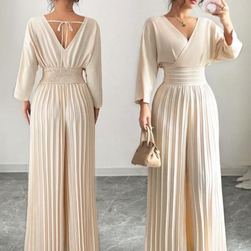 Pantaloni a gamba larga a vita alta alla moda, eleganti, tinta unita, scollo a V, manica corta, plissettati, tuta intera da donna, stile da pendolare