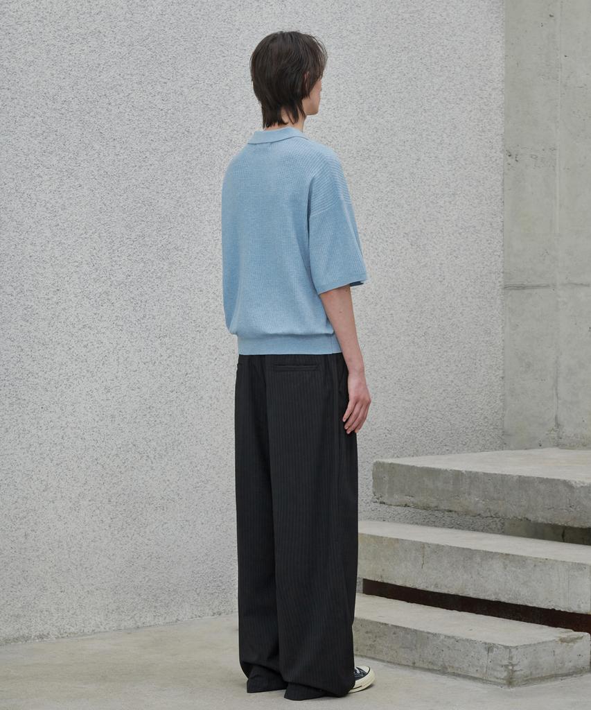 GLW Open Collar Waffle Half Knit Blue