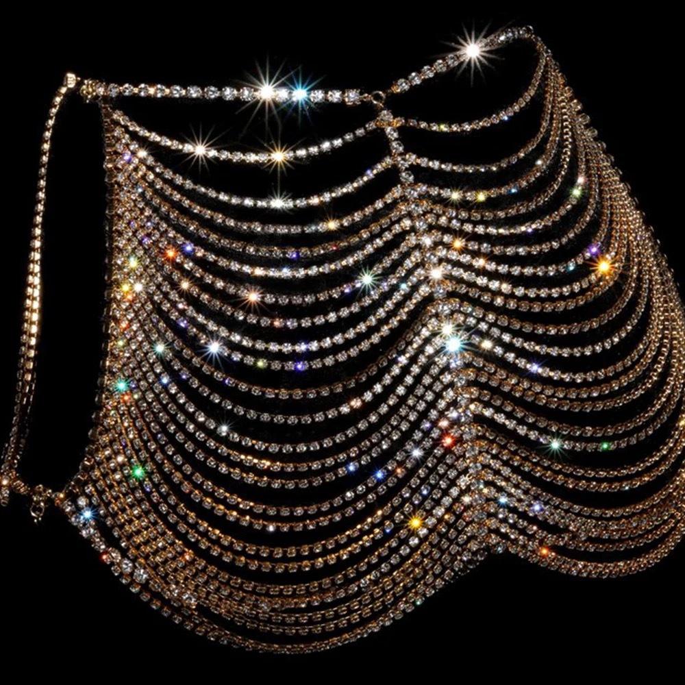 

European And American Cross-Mirror Sexy Exaggerated Rhinestone Body Chain, Nightclub Hollow Tassel Diamond Hip Chain Waist Chain