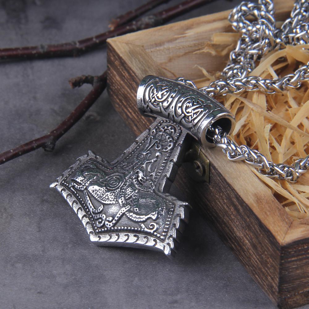 Nordische Wikinger Thor Hammer Mjolnir Halskette Edelstahlkette Wikinger Runen Amulett Vegvisir Anhänger Männerschmuck