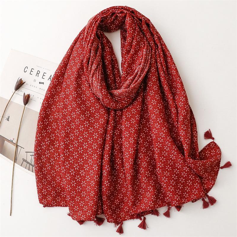 Retro Bohemian Ethnic Cotton Linen Scarf with Hexagram Tassels