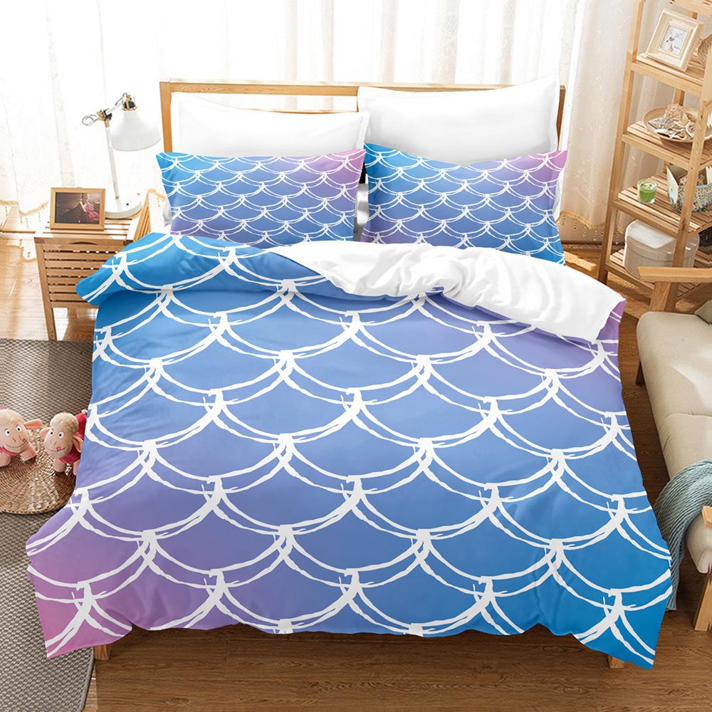 Laser Gradual Change Fish Scale 3D Digital Printing Three-Piece Set, Quilt Cover Pillowcase