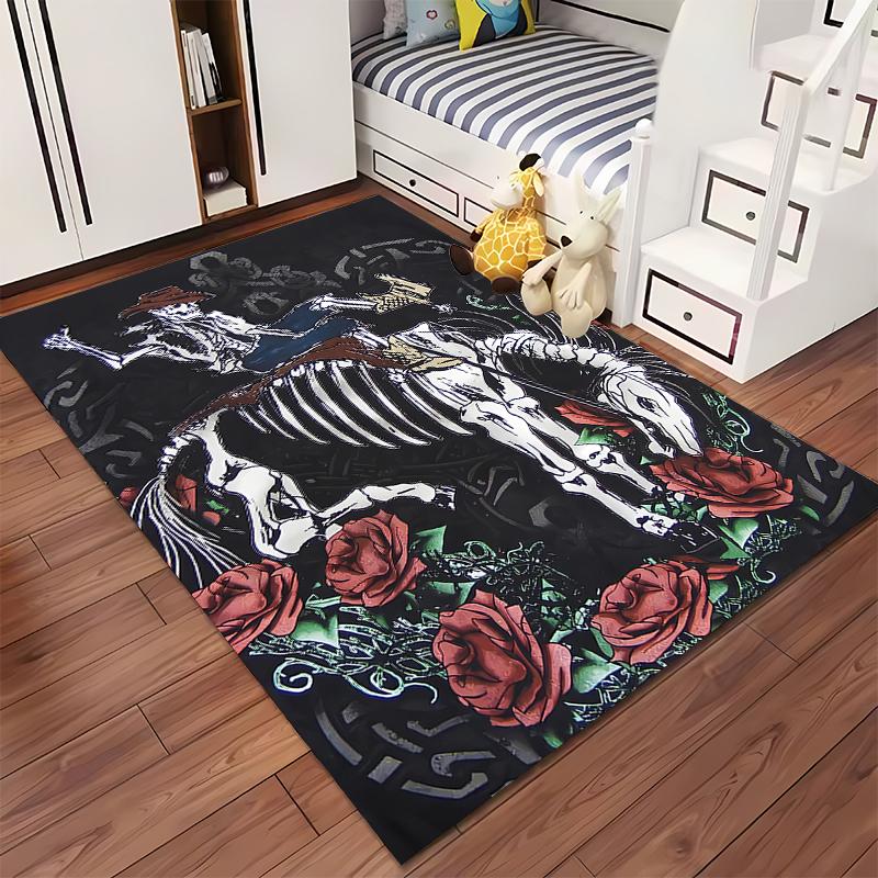 Skeleton Horse and Roses Carpet with Gothic Black Background Style Suitable for use as an anti-slip for living room bedroom sofas