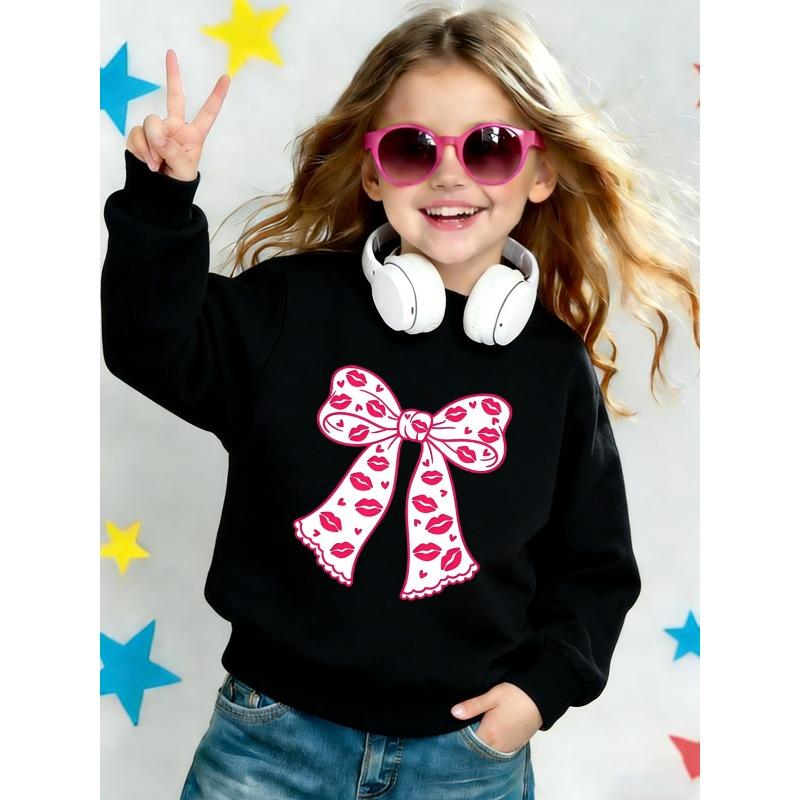 European sizes Cute Print Pattern 0-3 Years Old Kids' Spring Thin Round Neck Sweatshirt Lip Print Bow Design Comfortable Outdoor Wear Choice