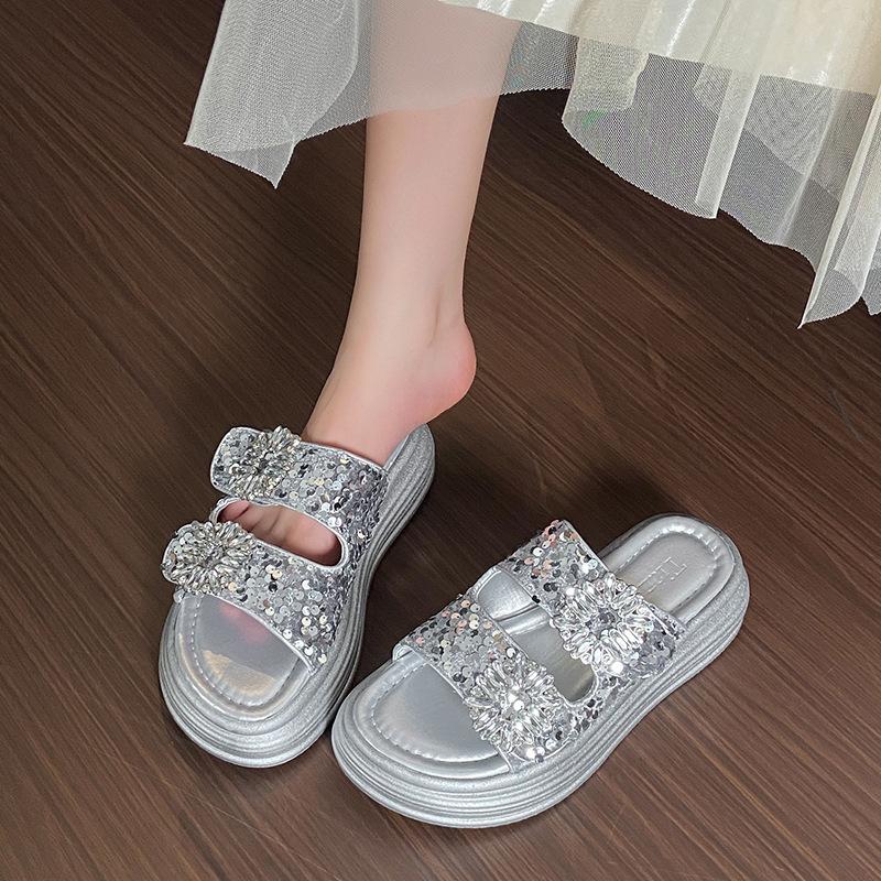 Fashion Thick Soled 2025 Summer New Casual Square Buckle Water Diamond Double Strap One Line Slipper for External Wear, Sandals