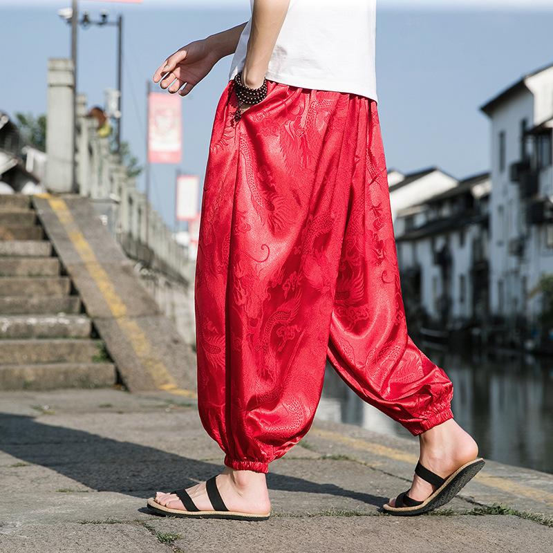 Outdoor Brand Pants for Men Lce Silk Dragon Dark Flower Loose Bloomers High Quality Wide Leg Casual Trousers Male