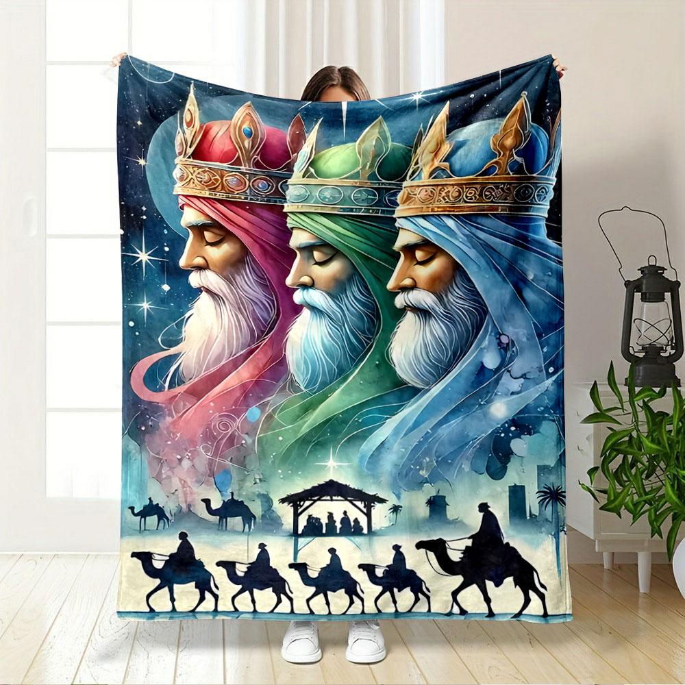 Three crowned figures above a nativity scene with camel riders below. for all seasons blanket lunch break throw gift