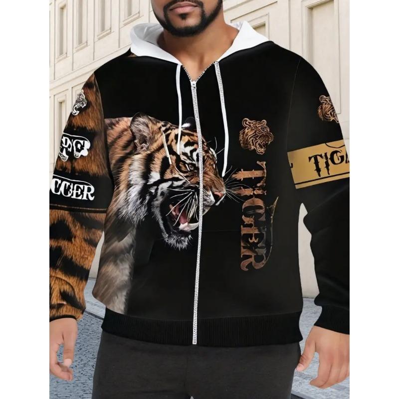 Herren Kapuzenpullover mit Reißverschluss und Tiger-Grafik, Langarm, Lässiger Outdoor-Mode-Mantel mit Kordelzug und Taschen, Reißverschluss-Kapuzenpullover für den Mann