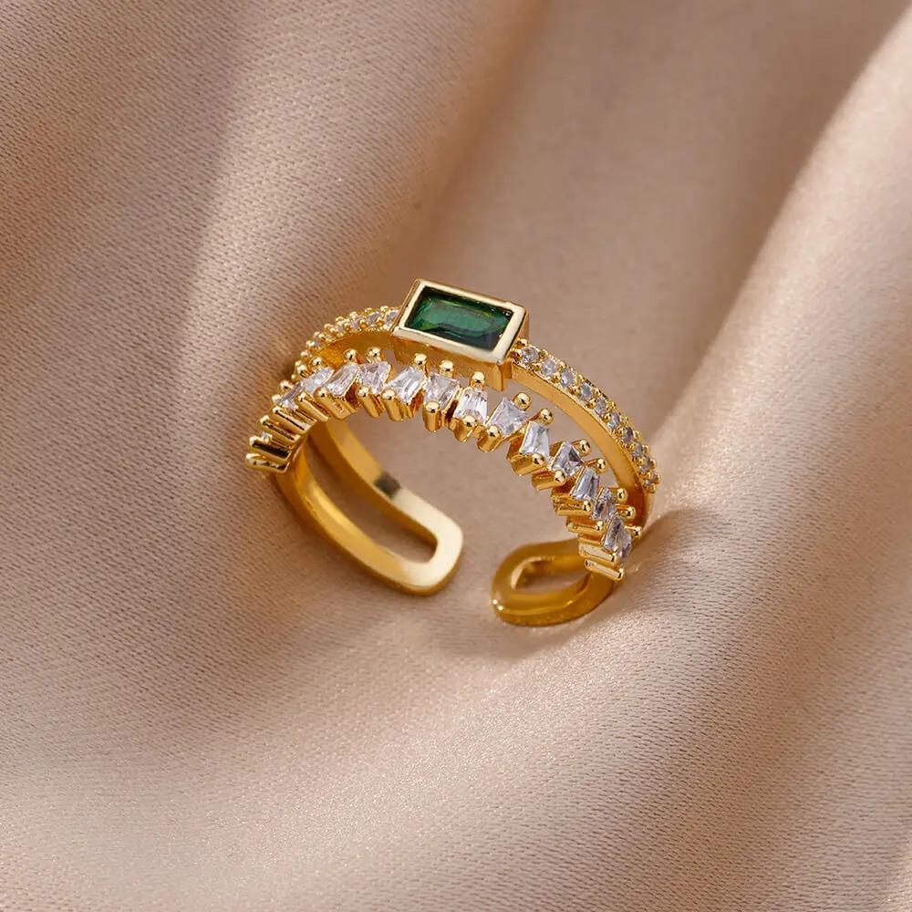 Gold Color Stainless Steel Ring for Women Colorful Cubic Zircon Heart Opening Adjustable Ring Fashion Jewelry Wedding Gift