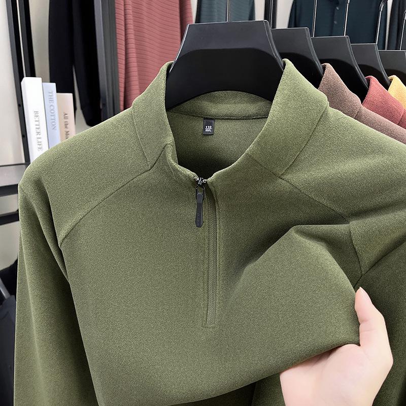 Men's Thick German Velvet Warm Half-Zip Stand Collar Sweatshirt - Solid Color Autumn/Winter