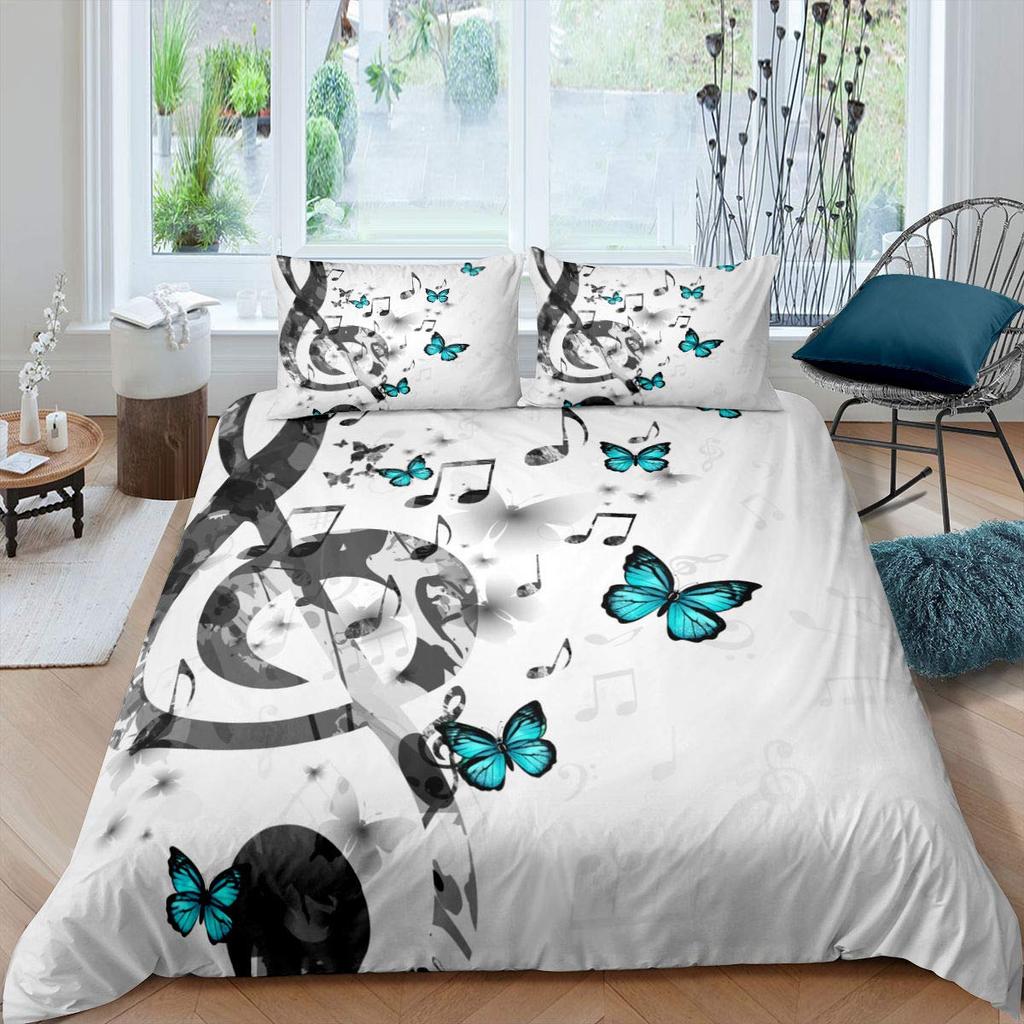 Music Soft Duvet Cover Set Quen Sized Dimensions,White Musical Note Beding Set 3pcs for Kid Bedrom Decor,Black White Piano Key Warm Comforter Cover