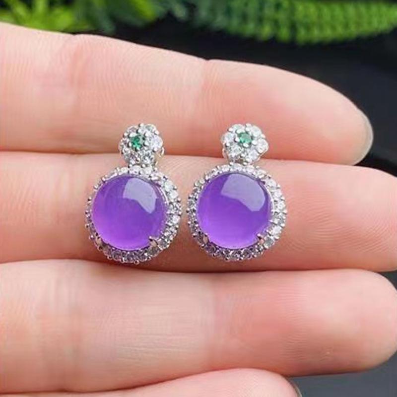 New  inlaid crystal natural chalcedony ice seed violet egg noodle flower earrings exquisite Showy ladies jewelry