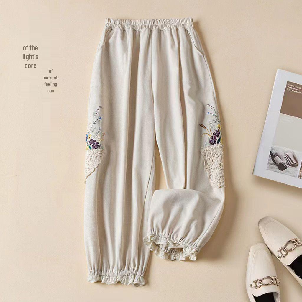 2023 Letní Dámské Mori Girl Lněné Vyšívané Krajkové Zkrácené Harémové Kalhoty - Volný Střih, Ležérní Styl