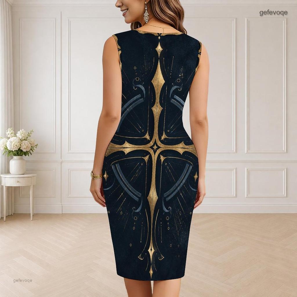 Women Plus Size V Neck Sleeveless Printed Bodycon Midi Dress Red Blue Star Pattern