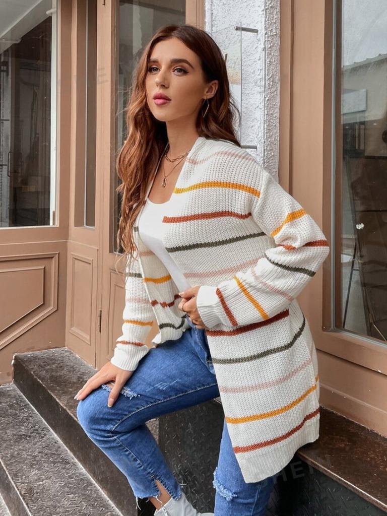 Over Size Striped Long Sleeve Cardigan Coat for Women Autumn Winter Casual Workwear