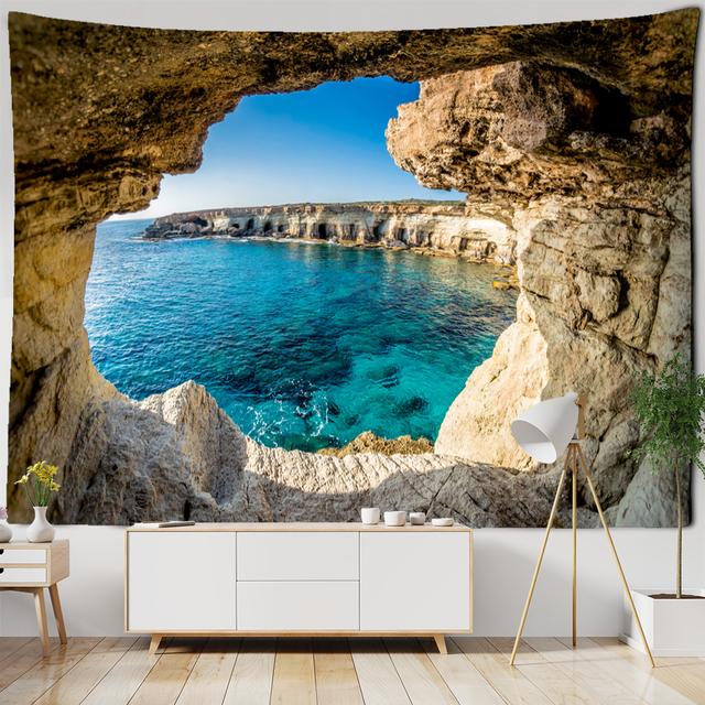 Coastal Cave Tapestry Wall Hanging Boho Seaside Landscape Psychedelic Aesthetics Room Dorm Art Decor