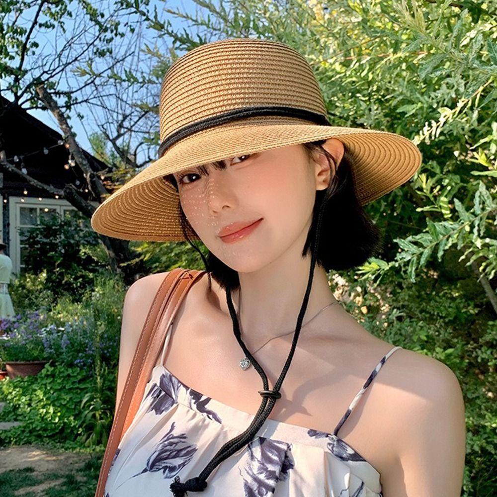 Foldable Women's Straw Hat Wide Brim Visor Cap Trendy Straw Bucket Hat  Outdoor