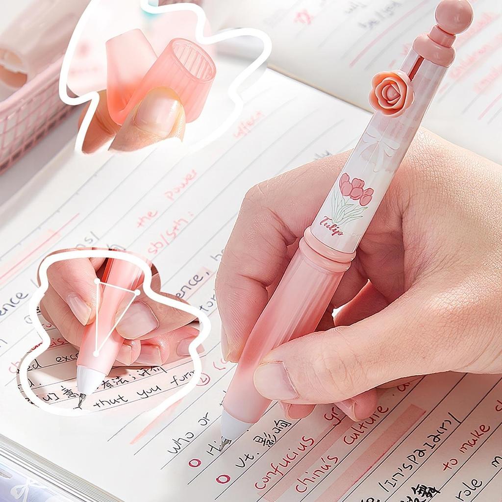 4pcs Lovely Flower Gel Pens Set, Pinch Grip Camellia Floral Pink Bowknot Star Dream Clip 0.5mm Black Color Ink for Writing