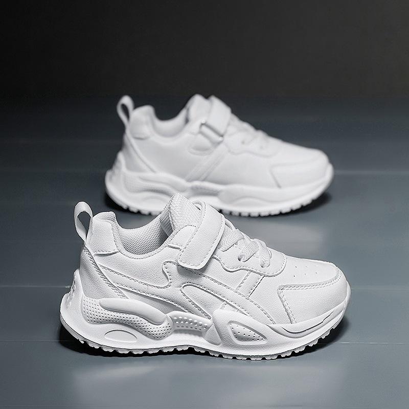 Kids' White Sports Shoes – Breathable Leather Sneakers for Boys and Girls, Ideal for Spring and Autumn Activities