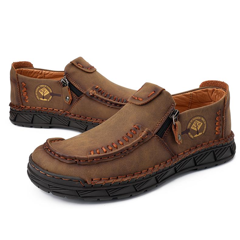 Men's Leather Boots Zipper Low Top Casual Shoes Outdoor Driving Handmade Shoes 39-48