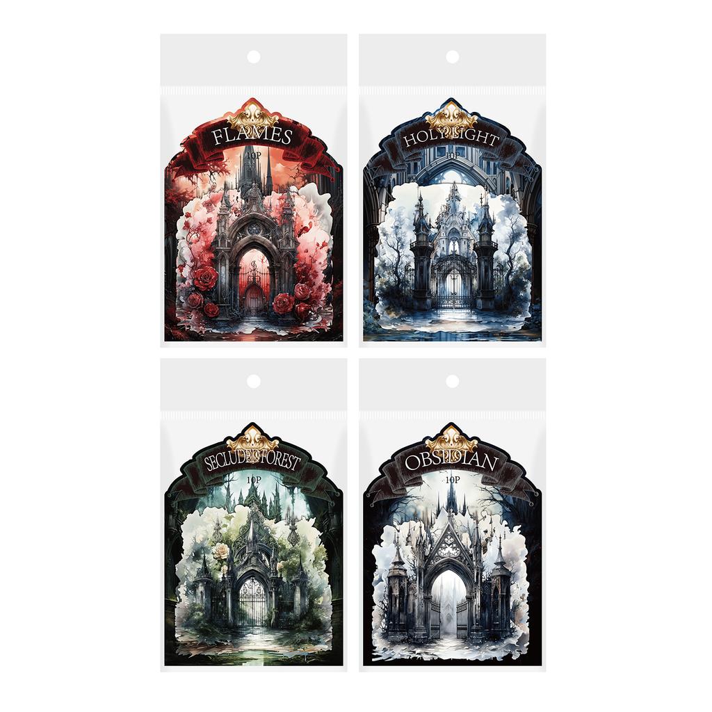 4 Style Dark Gate Series PET Sticker Retro Gothic Handaccount Material Collage Stickers For Junk Journal Scrapbooking Decorative