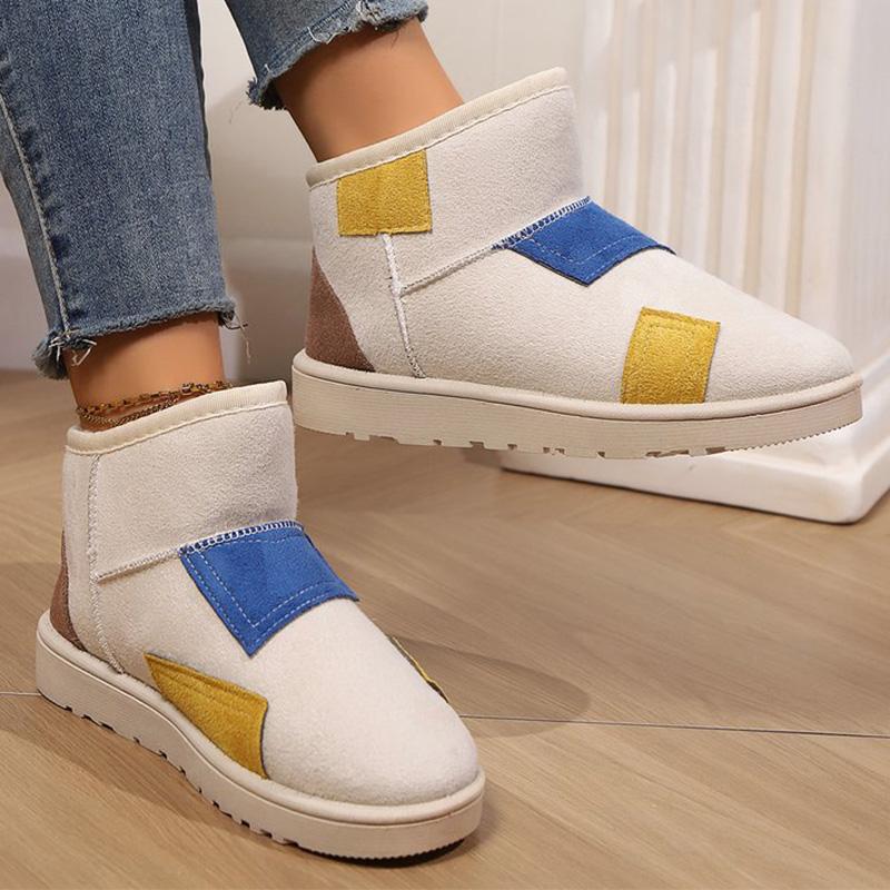 Fashion Patchwork Snow Boots for Women Concise Faux Suede Round Toe Snow Boots Woman Winter Non Slip Plush Keep Warm Booties Female
