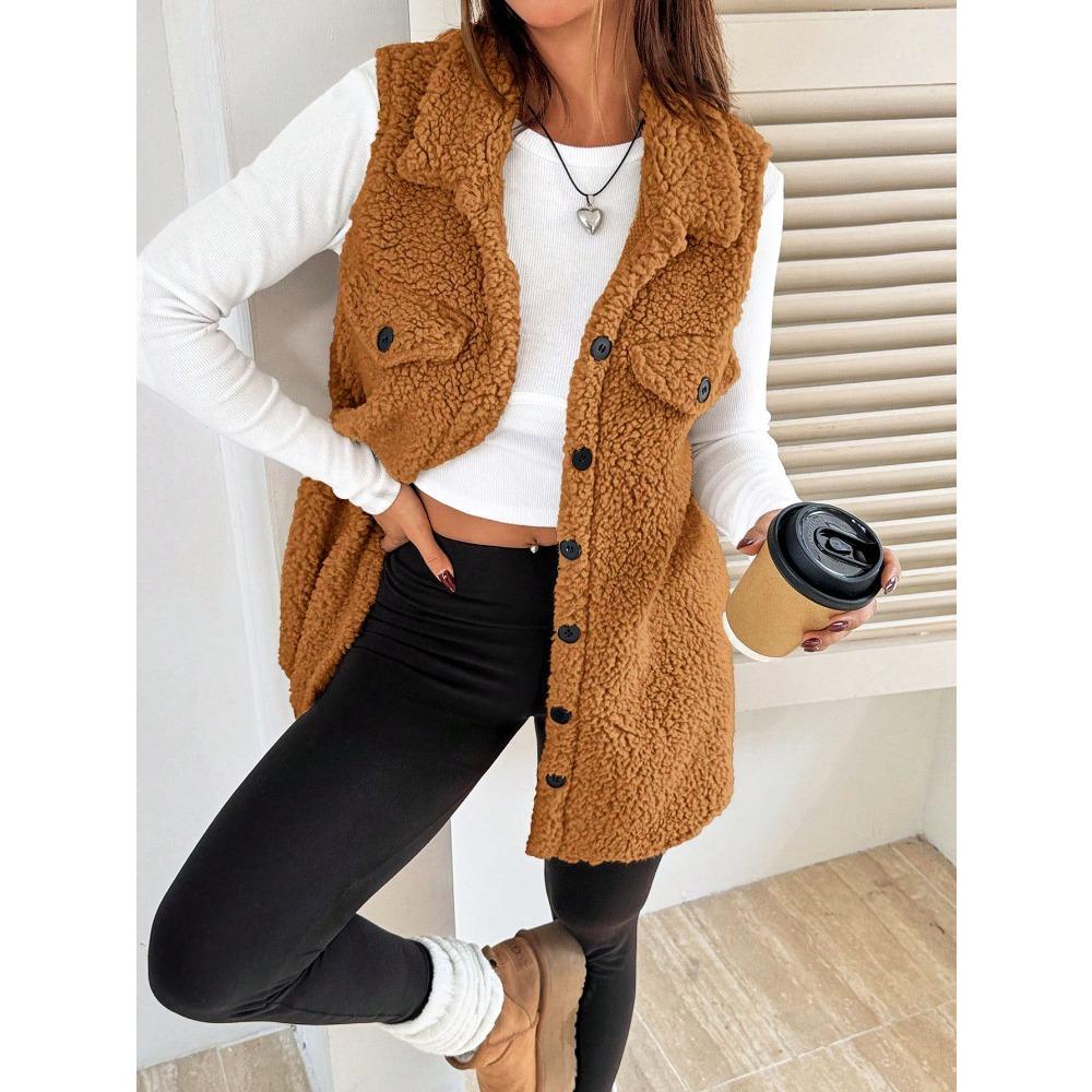 Women's Lapel Sleeveless Vest Oversized Fit Solid Color Single Button Pocket Winter Fleece Gilet