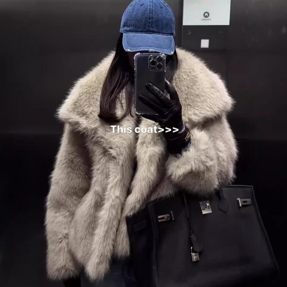 Women's Lapel Long Sleeve Faux Fur Short Coat Loose Sweet Solid Color Warm Winter Furry Outerwear Jacket