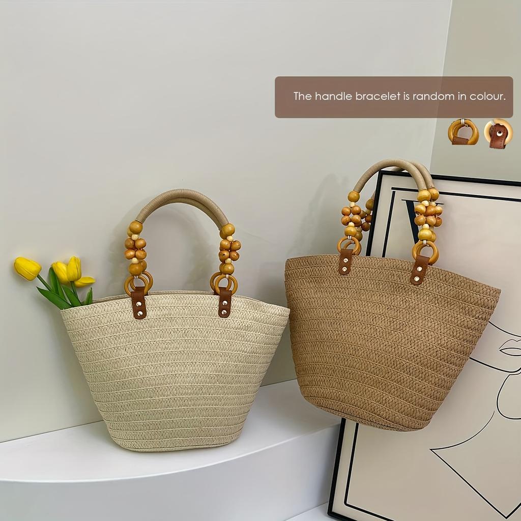 Women's Tote Bag Vacation Style Beaded Decoration Large Capacity Straw Weaving Tote Bag Suitable for Holiday Travel, Shopping and Walking