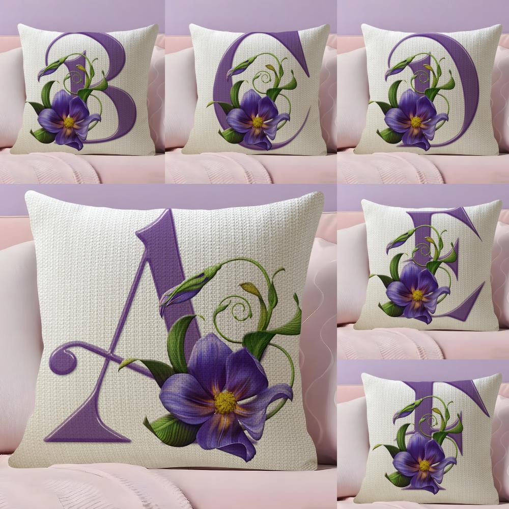 Simple Purple Flower Letters Cushion Cover Natural Linen Organic Fabric DoubleSided Printing Sofa Home Decor Breathable