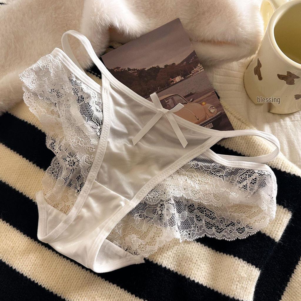 Exquisite Pink Satin Lace Hollow-Out Low Waist Panties for Women