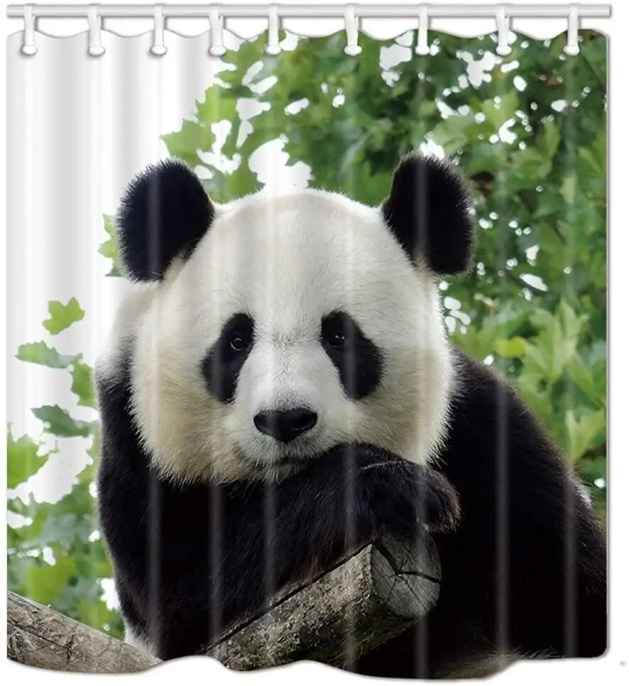 Funny Animals Shower Curtains Lovely Panda with Green Leaves Chinese Style Polyester Fabric Bath Curtain Kids Bathroom Decor Set