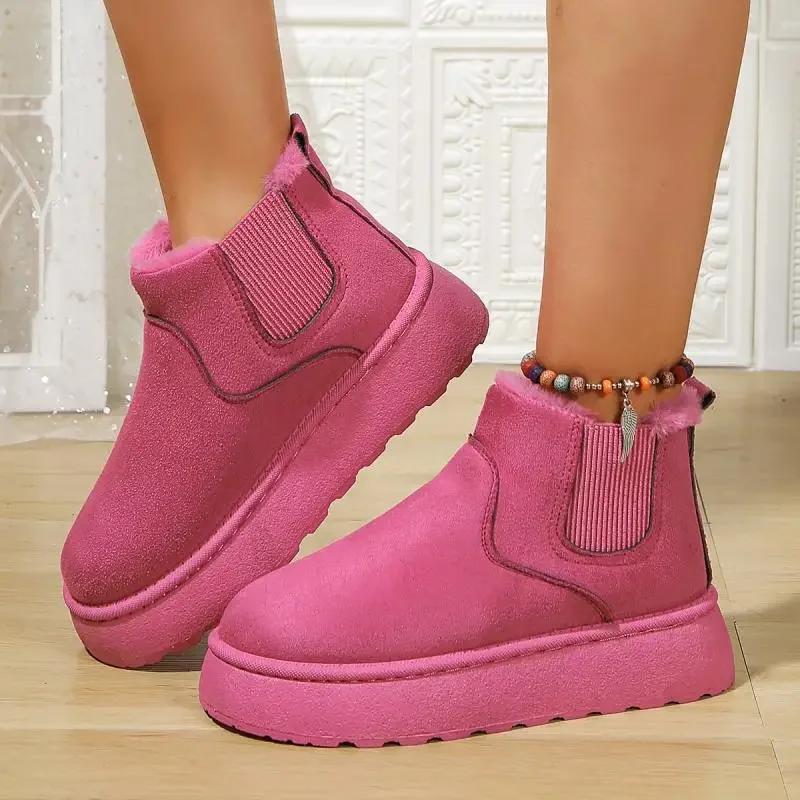 Fashion Hot Pink Thick Bottom Wedge Heel Warm Faux Fur Snow Boots Women Winter Short Plush Boots Woman Non Slip Cotton Chelsea Boots