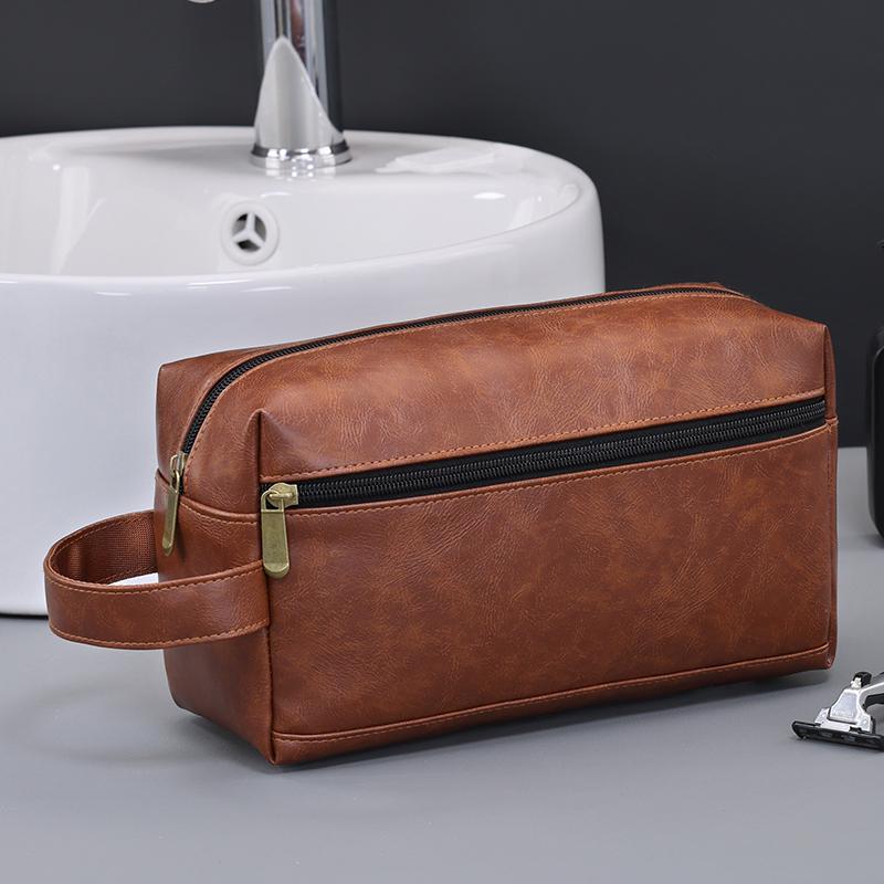 Men Leather Travel Business Shaving Cosmetic Bag Strorage Portable Toiletry Bag Large Capacity Organizer Handheld Wash Bag