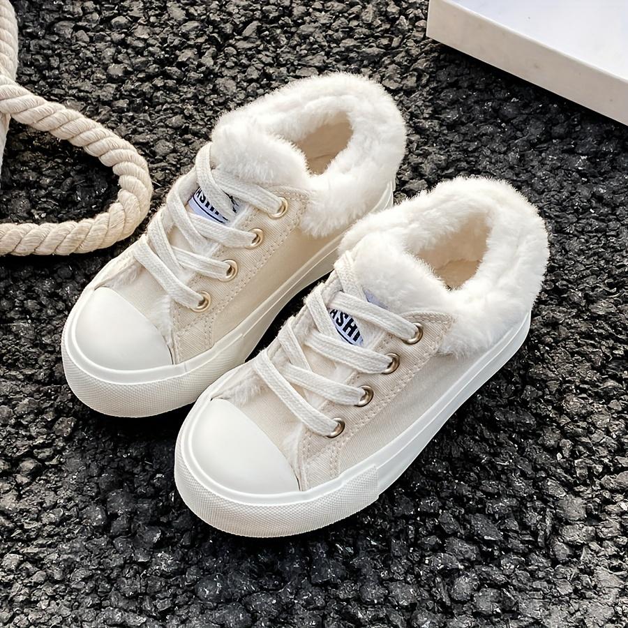 

Білі низькі кросівки для молоді з флісовою підкладкою - Повсякденне взуття на шнурівці, Верх з дихаючої тканини, Товста гумова підошва, Ідеально підходять для зимових ігор на вулиці 37