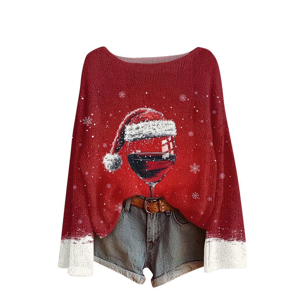 Ladies' Fashionable Casual Long Sleeved Christmas Printed Round Neck Knitted Yarn