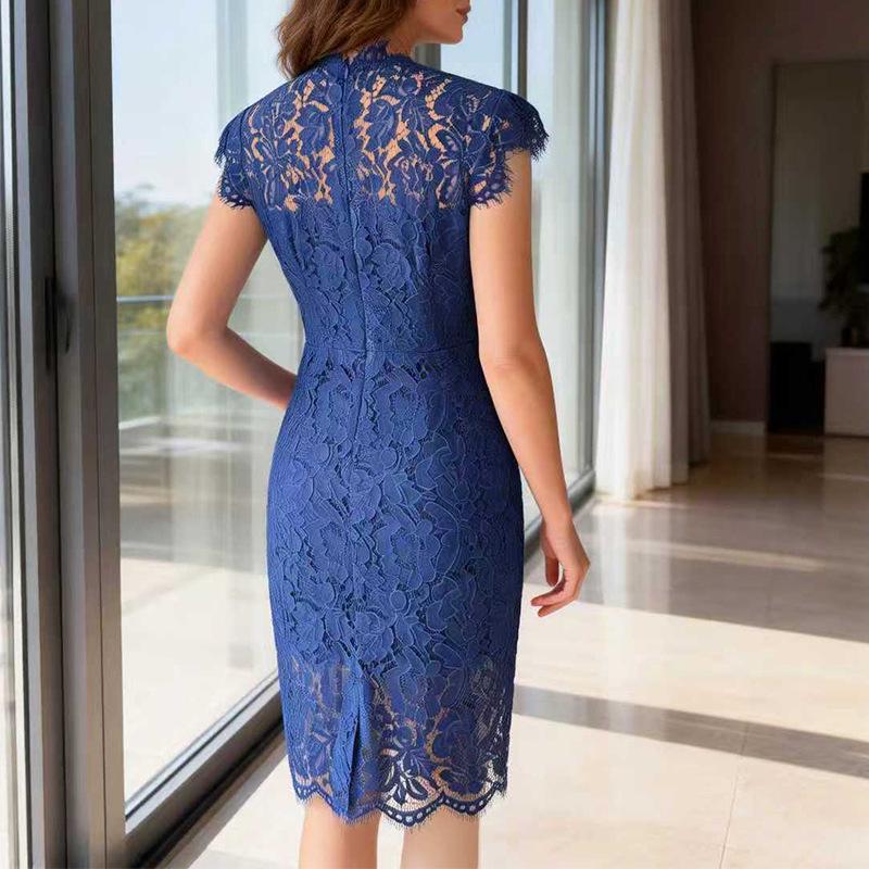 European & American Style Women's Lace Midi Dress - Round Neck, Short Sleeve, Elegant Temperament