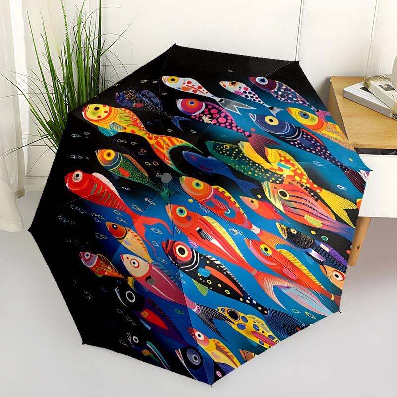 1pc Colorful Fish Automatic Folding Umbrella - Windproof Compact Travel Umbrella with Auto Open/Close, 8-Rib Heavy-Duty Shaft for Women/Men A002