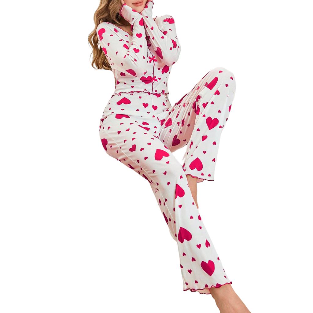 Damen Bequemes Schlafanzug-Set mit Liebes-Print, Langarm und Langer Hose