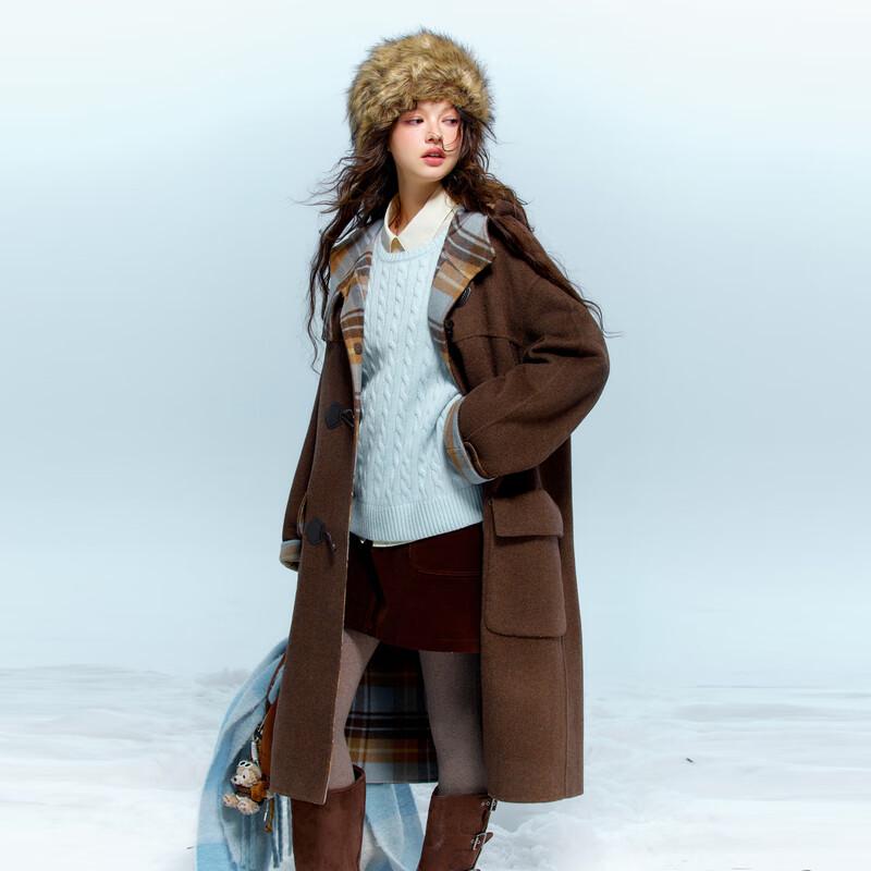 

Sancai 2025 Зимнее двустороннее пальто с капюшоном из смесовой шерсти в клетку M