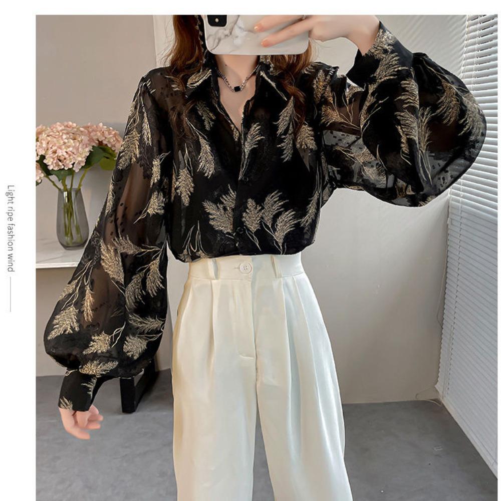 Ladies Temperament Top Tihua Printed Shirt Loose Lantern Sleeve Flower Shirt Niche Design Chiffon Shirt