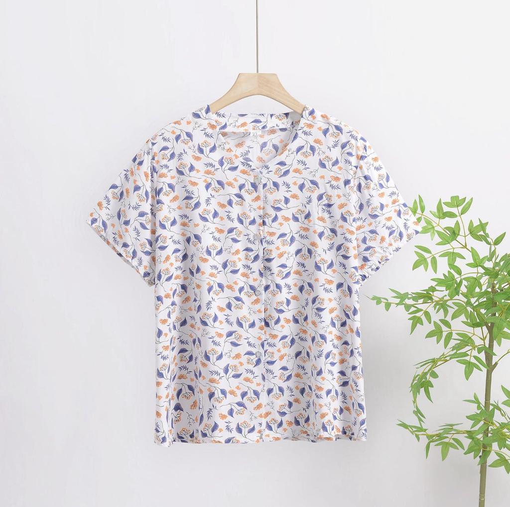 2025 Summer Floral Print V-Neck Button Short Sleeve Loose T-Shirt