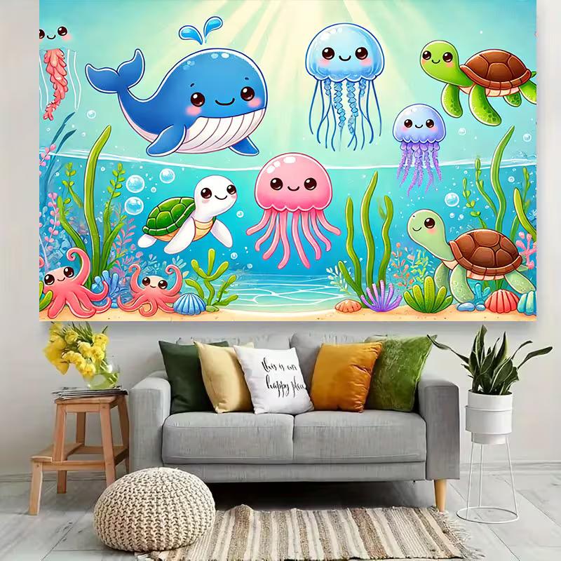 2D Cartoon Meeresbewohner Kulisse, Kinder Unterwasserwelt Party Banner