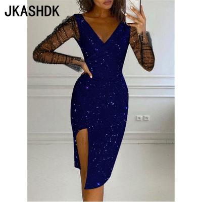Damenmode Frühling Herbst Einfarbig Druck Langarm V-Ausschnitt Mittlere Taille Cocktail & Abendkleider